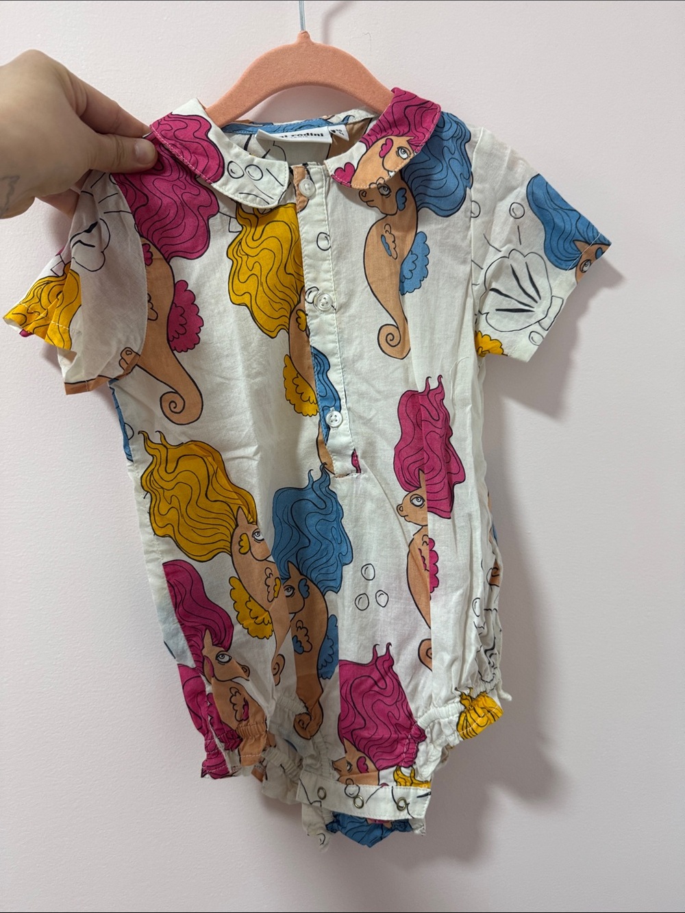 Mini Rodini White Romper with Pink, Blue and Yellow Mermaid Print